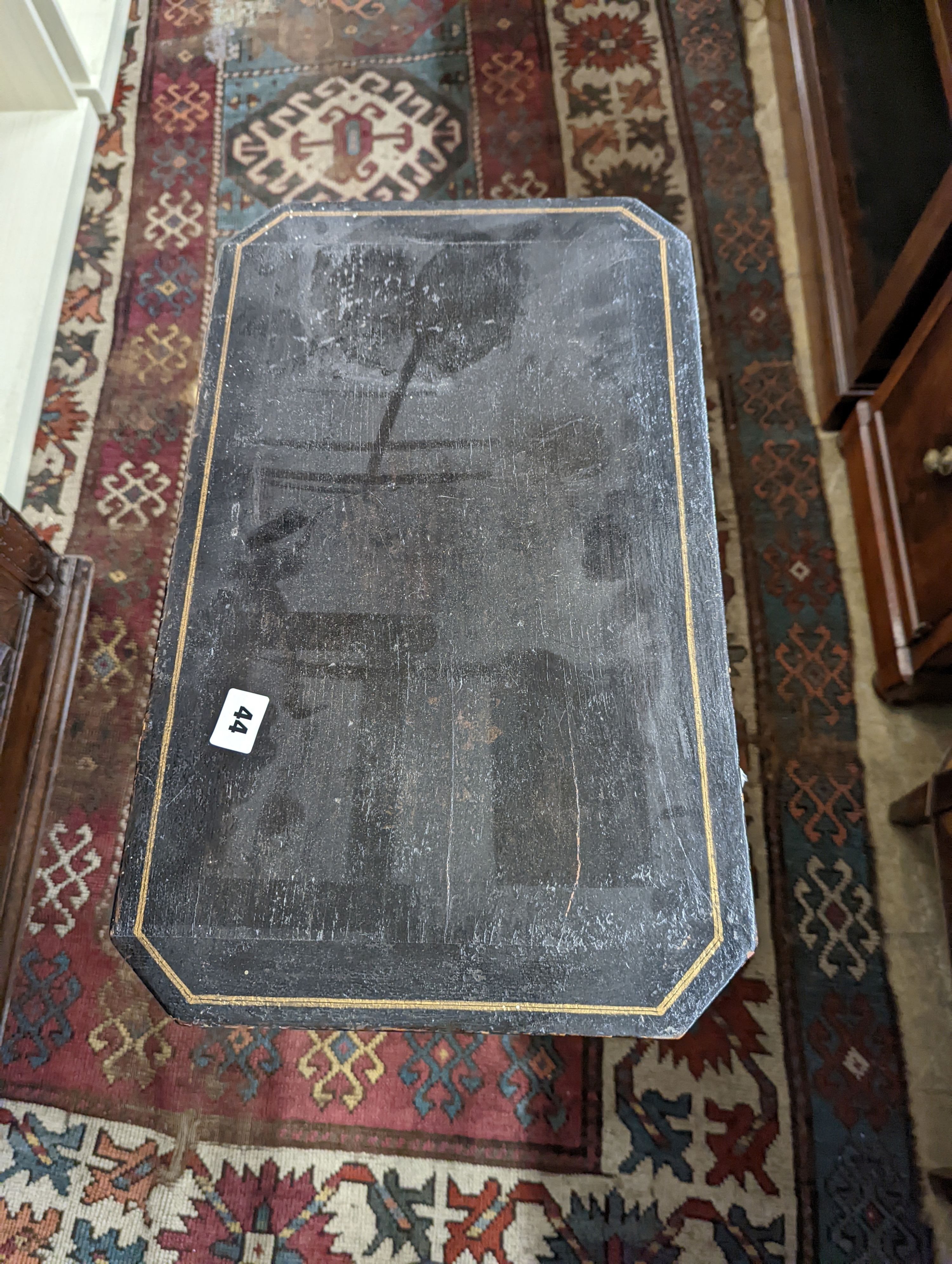 A 19th century painted and gilt chinoiserie decorated hinged top work table, width 50cm, depth 30cm, height 74cm